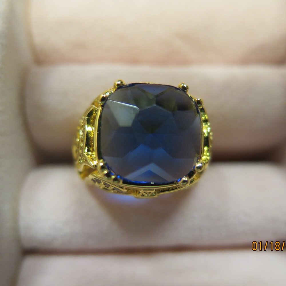 NEW Blue Asher Cut Zircon Gold Filigree ring Cubic Zirconia Diamond Ascents bomb
